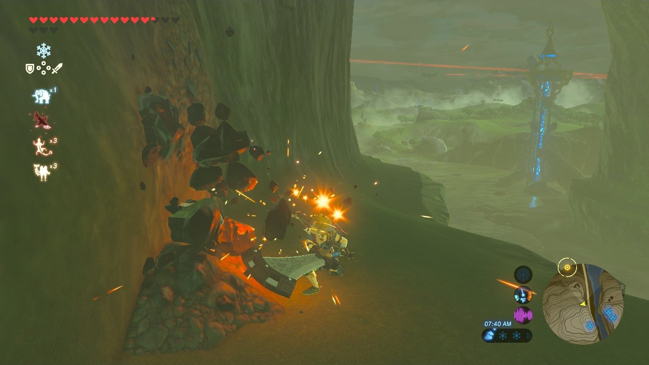 Image: Mining an ore deposit near the Dueling Peaks Stable—because the economy of Hyrule runs on shiny rocks
