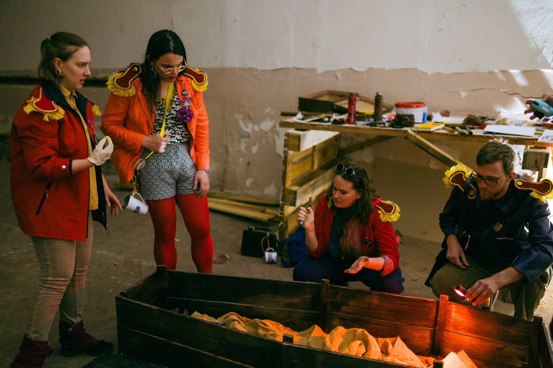 My character (right) inspecting the contents of a coffin